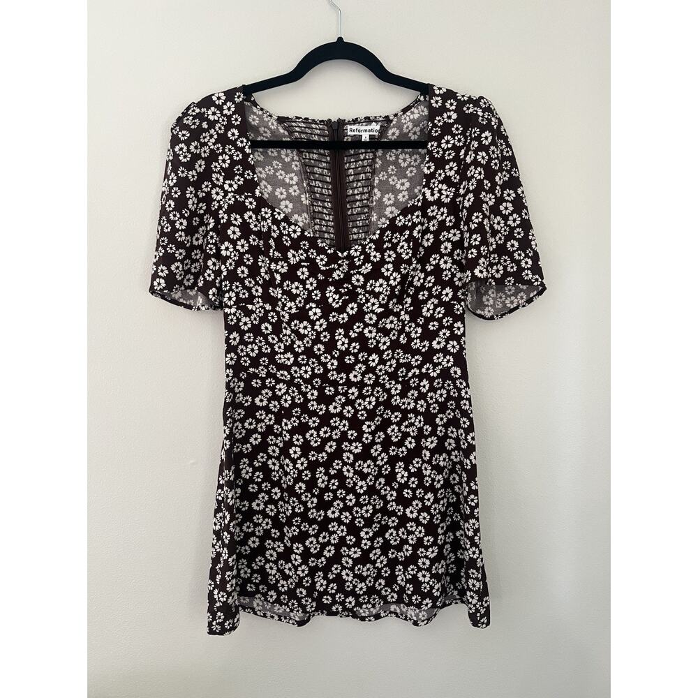 Reformation Brown Floral Smocked Puff Sleeve Brittany Mini Dress Size 8 - Picture 2 of 7